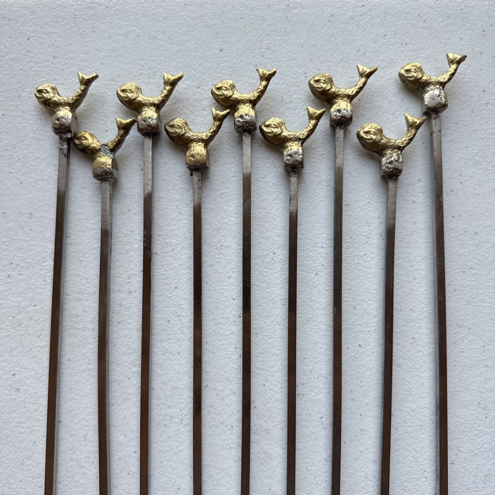 Vintage Turkish Kebob Skewers Fish Whale Nautical Brass Stainless Steel 13" Set - Picture 2 of 9